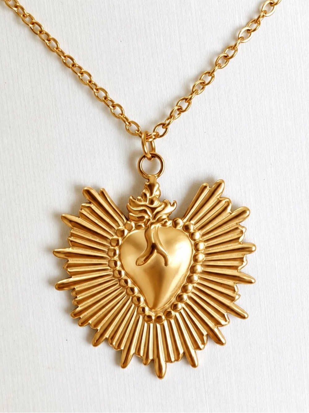 “Bleeding Sacred Heart” Fiery Floral Radiate Burst Jesus Mary Catholic Necklace